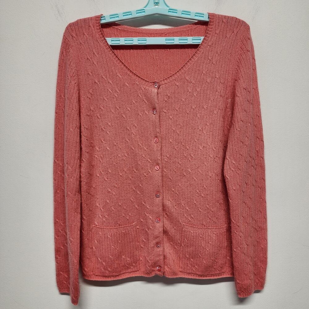 Belford Womens Cable Knit Cardigan Sweater M/L Coral Silk Cashmere Round Neck
